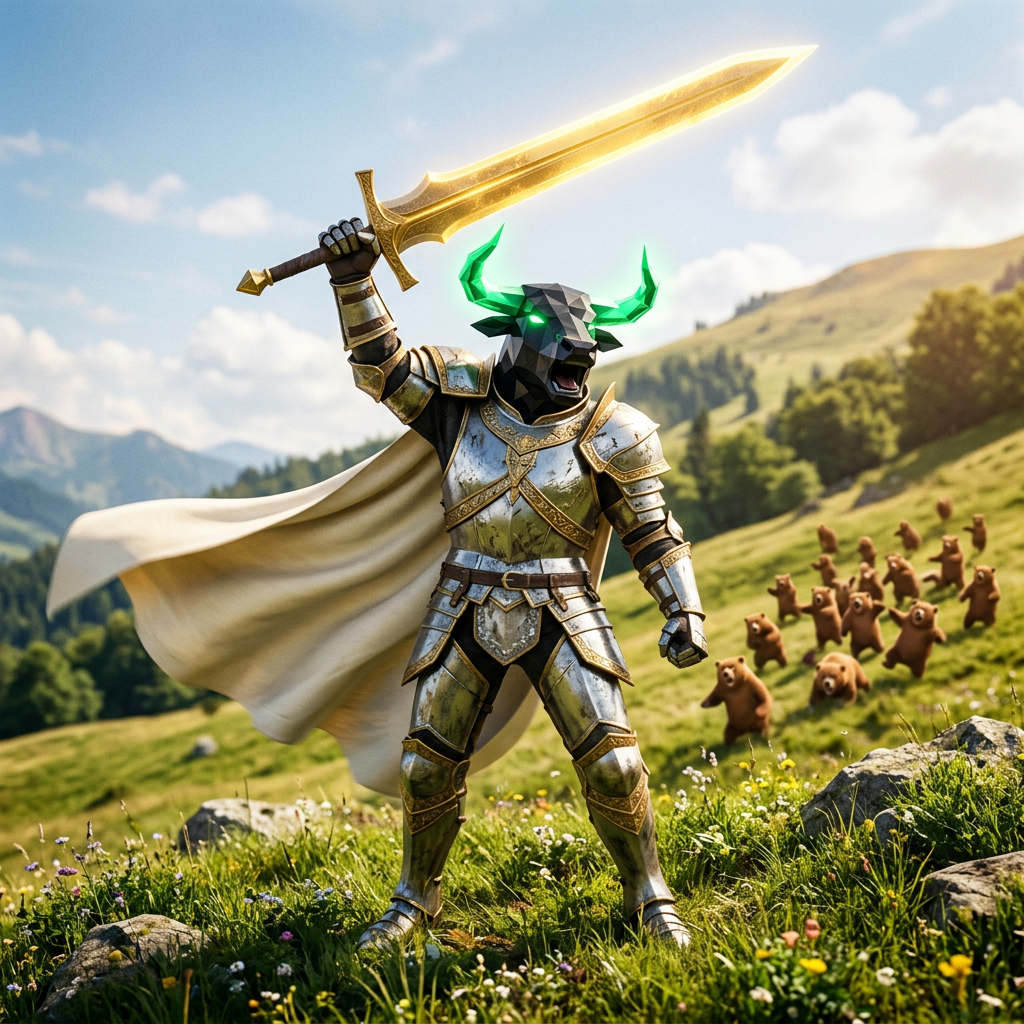 Swordbull lifting his sword as bears flee across a sunny battlefield