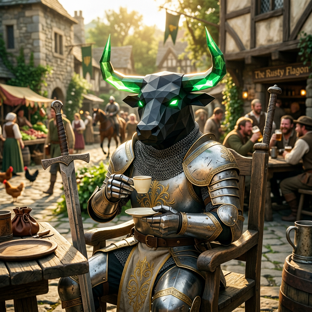 Swordbull calmly enjoying a tiny cup of coffee in his armor